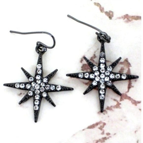 CLEAR CRYSTAL PAVE HEMATITE NORTH STAR EARRINGS - Picture 1 of 2